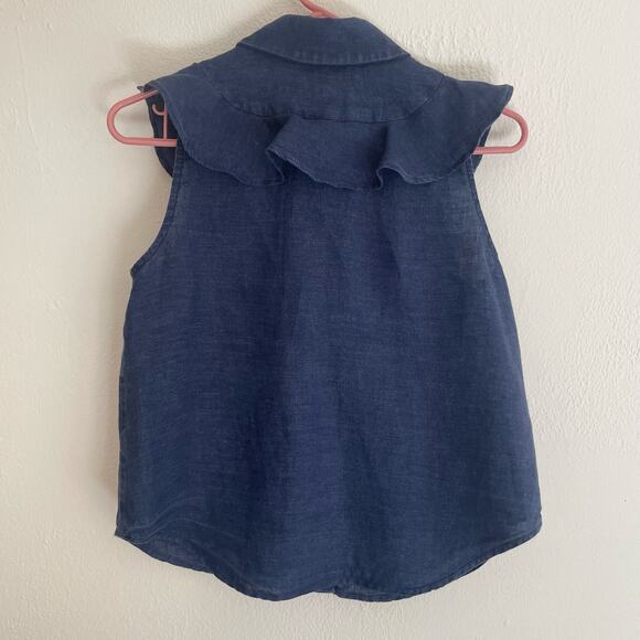 Women’s Corey Lynn Calter Blue Linen Button up Sleeveless Top with Ruffles.Small - Picture 3 of 8